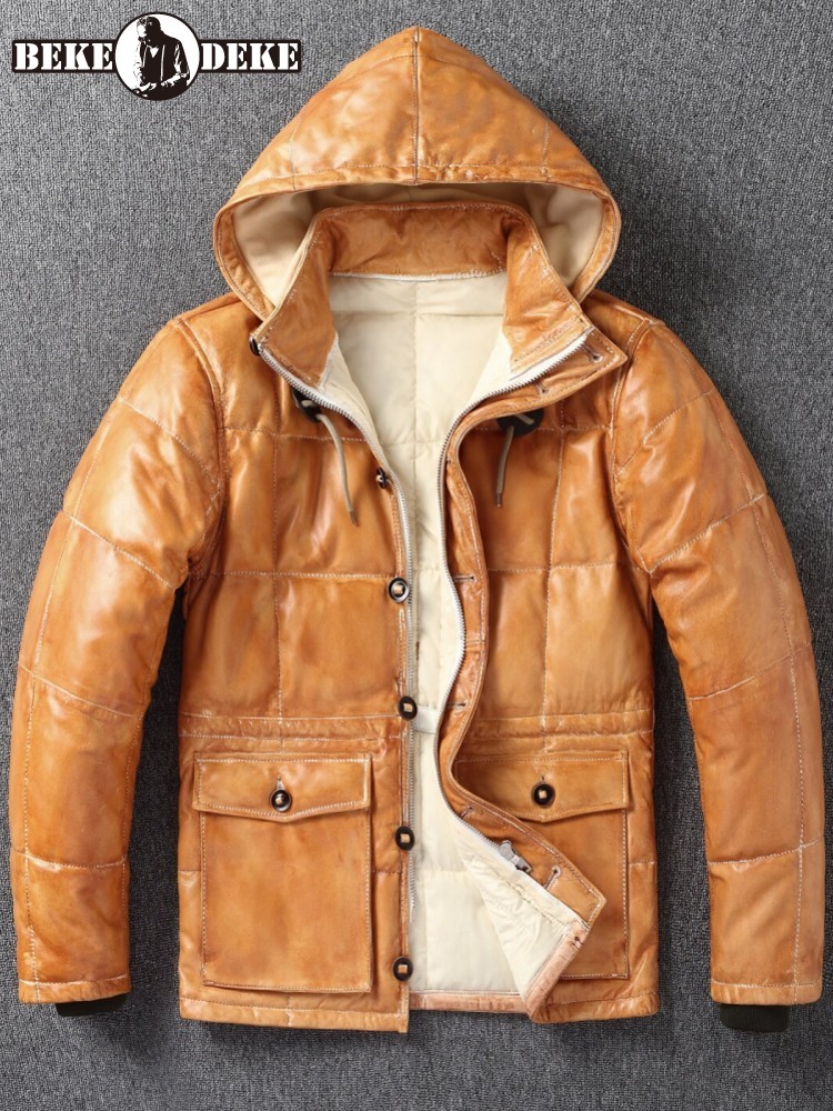 Leather Work Jacket With Hood - Winter Herren Schafsleder Echtleder Daunenjacke Dick