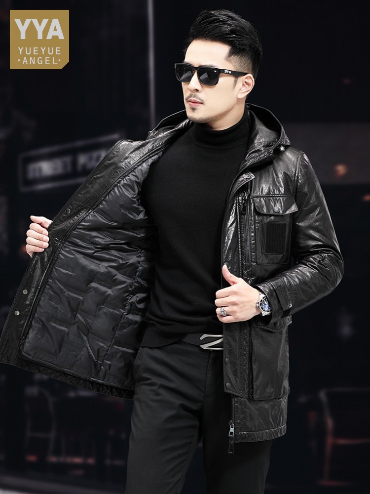 Leather Work Jacket With Hood - Männer Winter Warm Mid Lange Öl