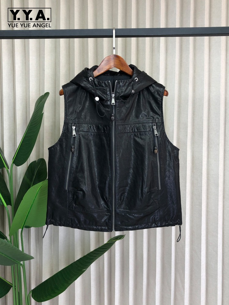 Leather Work Jacket With Hood - Damen Arbeitsweste aus echtem Leder mit