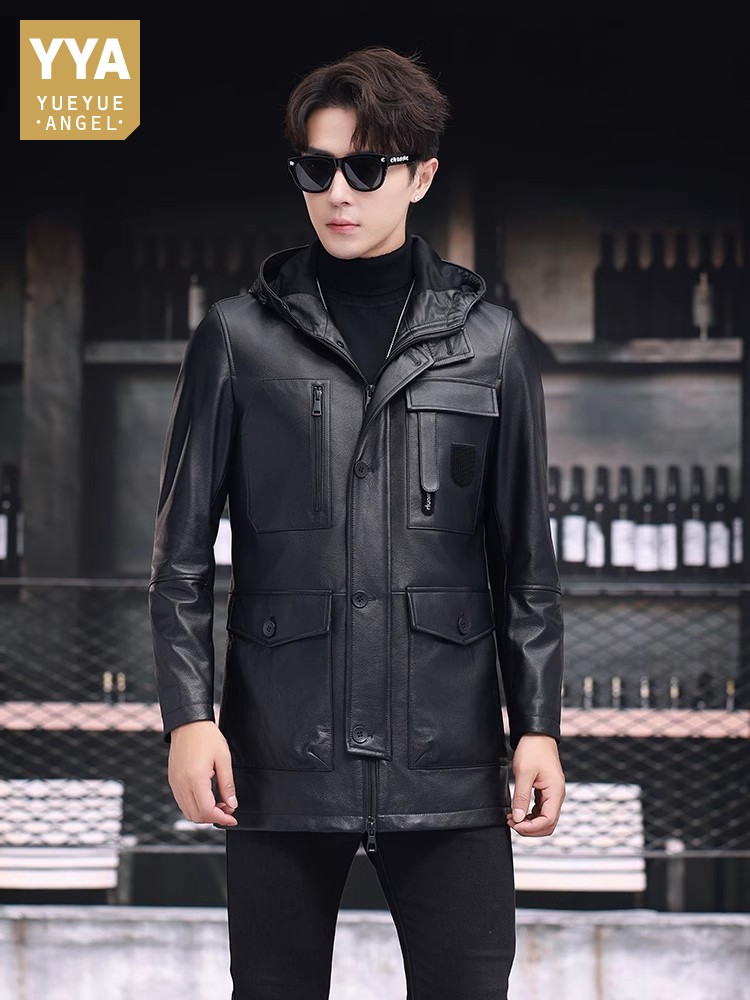 Leather Work Jacket With Hood - Winter Business Männer Arbeit Mid Lange