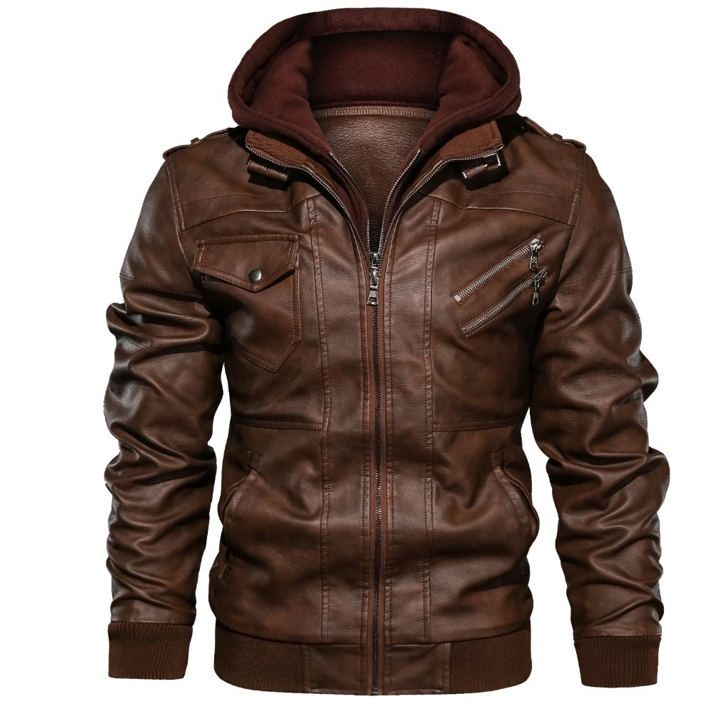 Leather Work Jacket With Hood - Herren Kapuzenmäntel PU-Jacken Reißverschluss Slim Fit