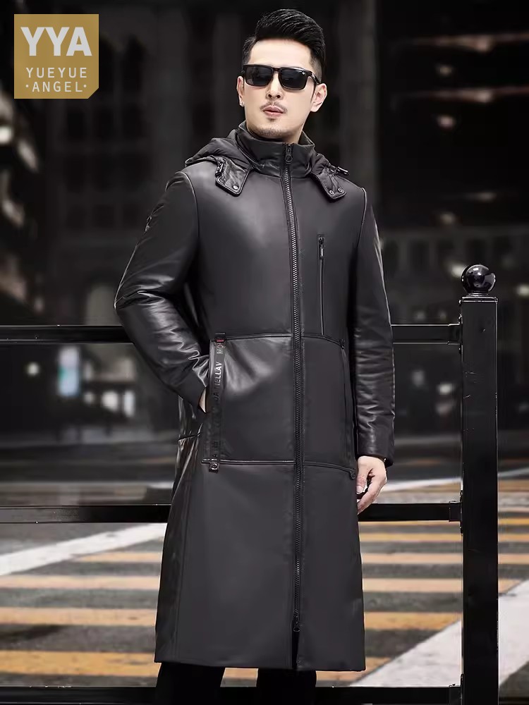 Leather Work Jacket With Hood - Winter Dicke Warme Lange Gans Unten
