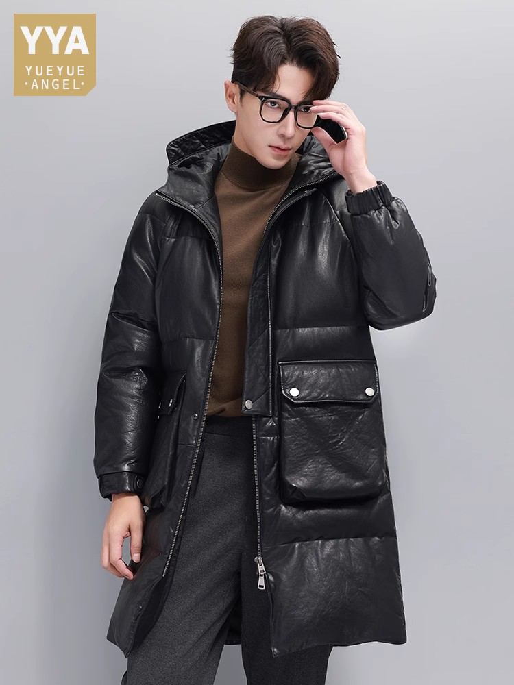 Leather Work Jacket With Hood - Winter Herren Warme Gänsedaunenjacke Mit Kapuze