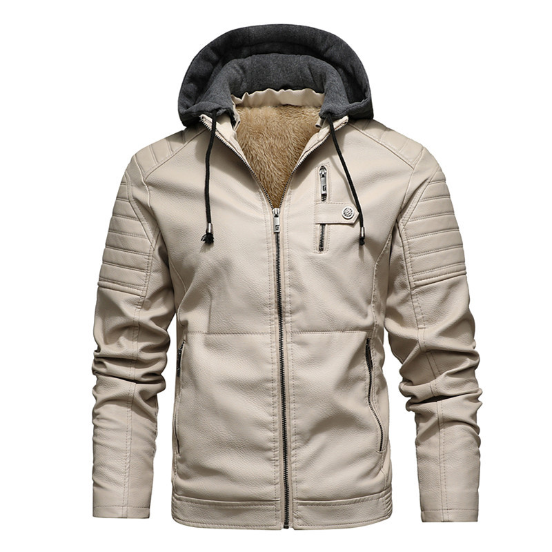 Leather Work Jacket With Hood - Herren Kapuzenjacke Dicke Warme PU-Jacken Reißverschluss
