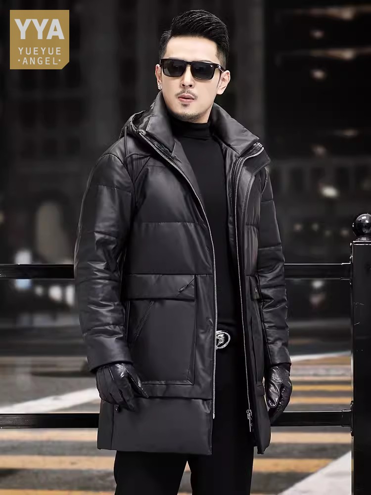 Leather Work Jacket With Hood - Winter Herren Dicke Warme Weiße Gans