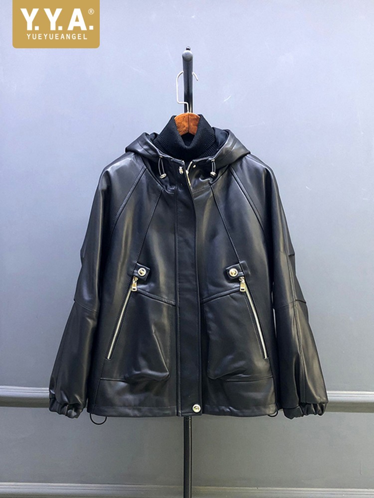 Leather Work Jacket With Hood - Bestseller Herbst Damen Natürliche Schafsleder Kapuzenjacke