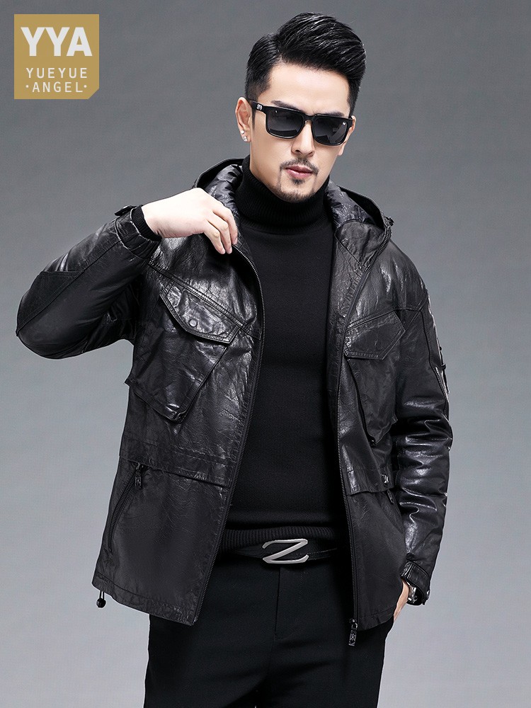 Leather Work Jacket With Hood - Winter Männer Warme Echt Ziegenleder Unten