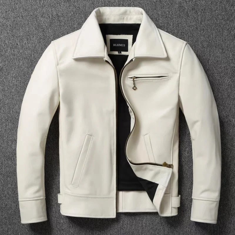 Leather Work Jacket - Herren-Jacke aus echtem Leder, weiße Revers-Kalbslederjacke,