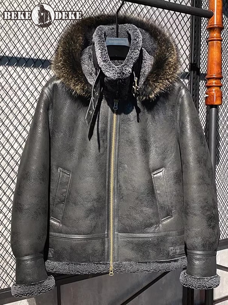 Leather Work Jacket With Hood - Herren Winter Warme Wollfutter Schafsleder Echtleder-Jacke