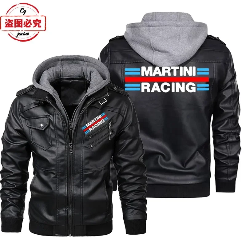 Leather Work Jacket With Hood - Martini Racing Logo Bedruckte Rennanzug-Jacke aus