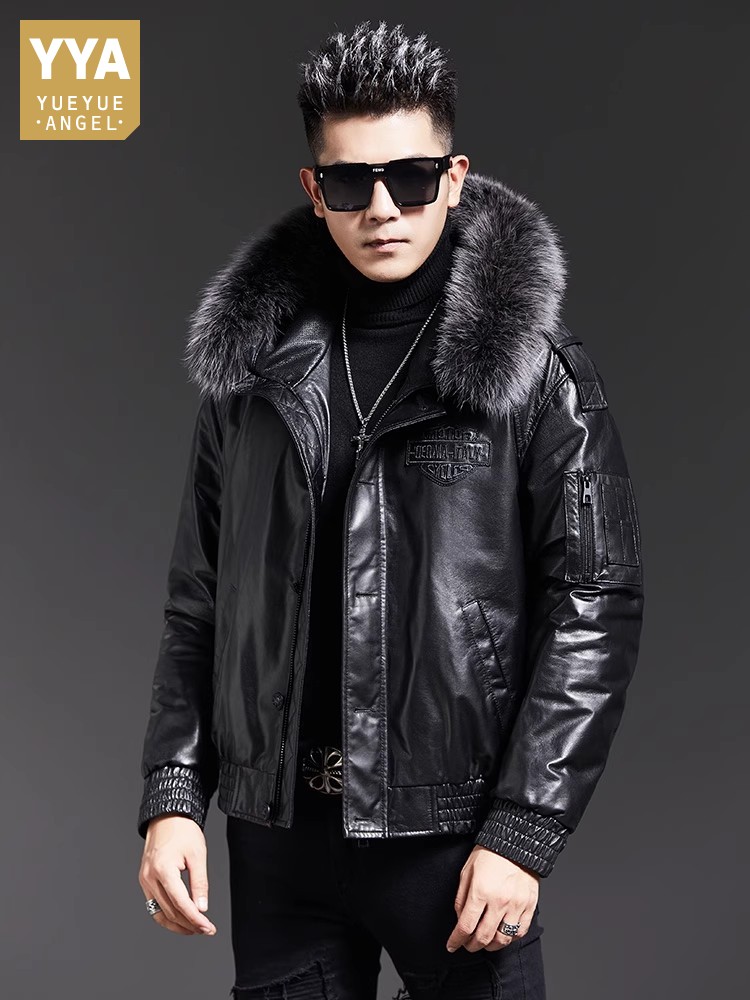 Leather Work Jacket With Hood - Mode Herren Winter Fuchs Pelz Kragen