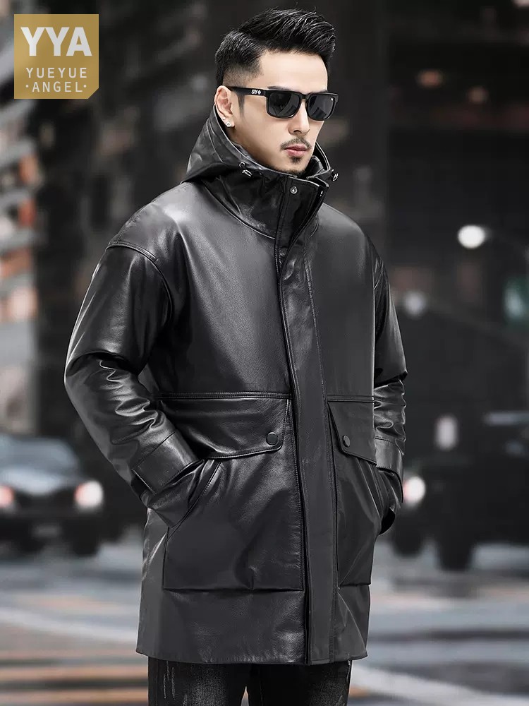 Leather Work Jacket With Hood - Winter Männer Warmen Arbeit Unten Jacke